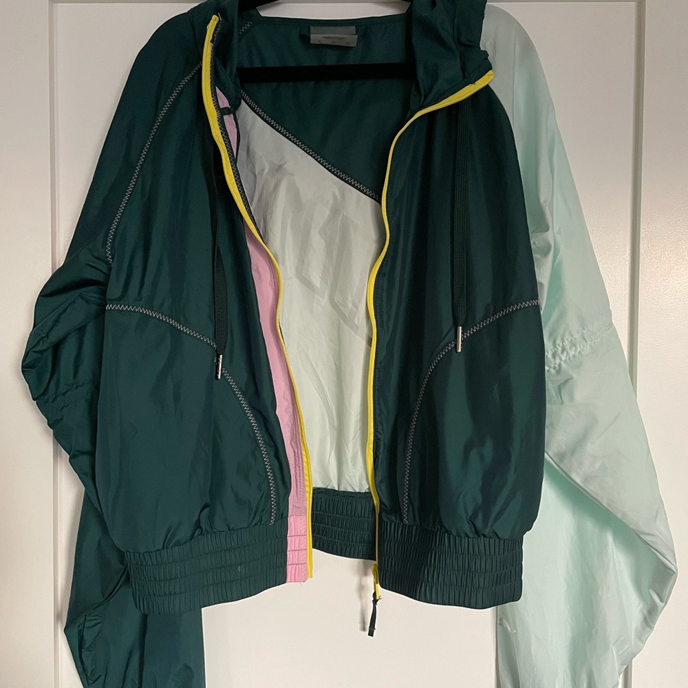 Puma Dark Green Hooded Bomber Jacket with Yellow Zip and Pink Trim
